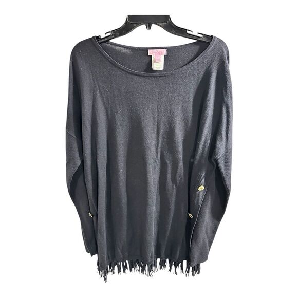 Lilly Pulitzer Size Large Navy Pullover Fringe Hem Side Buttons Pullover Tunic - Picture 1 of 8